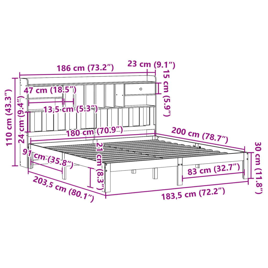 Lit bibliothèque sans matelas blanc 180x200 cm bois pin massif - XIOS