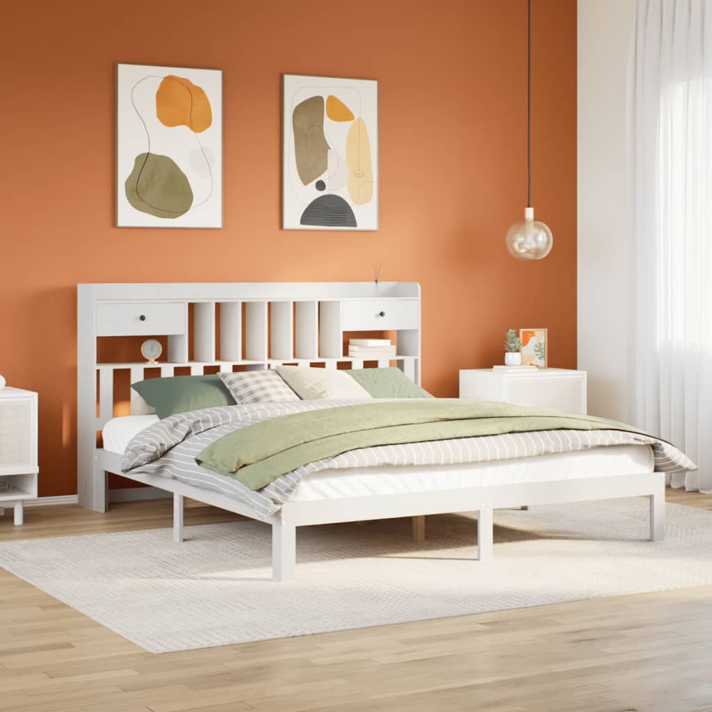 Lit bibliothèque sans matelas blanc 180x200 cm bois pin massif - XIOS