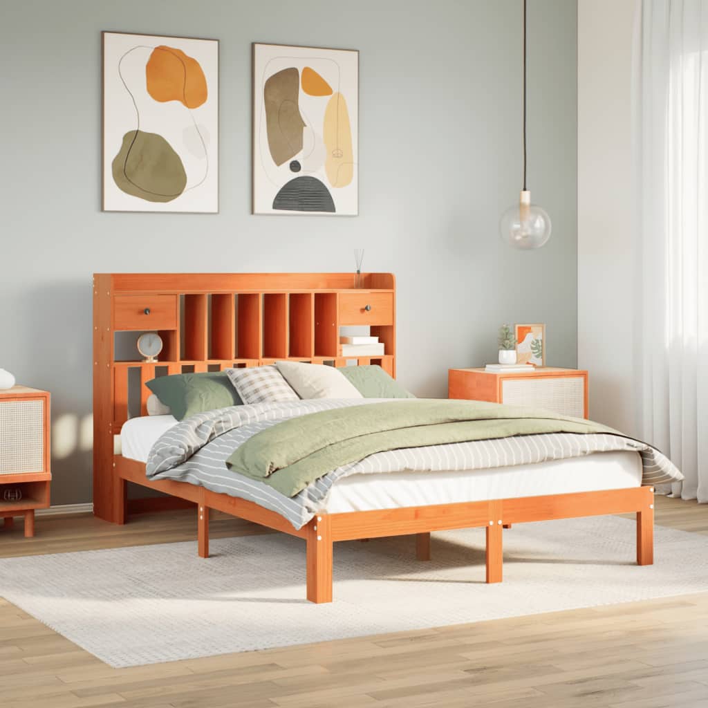 Lit bibliothèque sans matelas cire marron 135x190 cm pin massif - XIOS