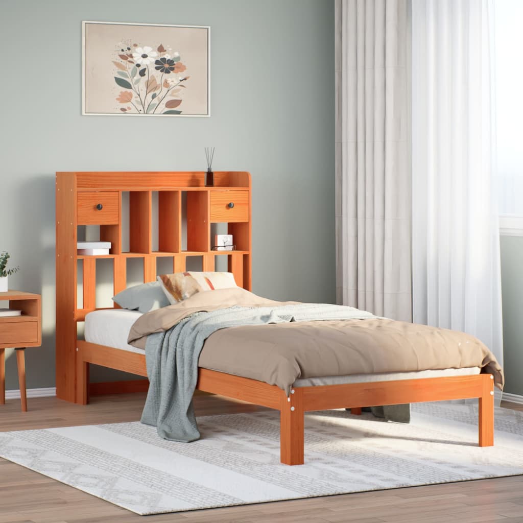 Lit bibliothèque sans matelas cire marron 100x200 cm pin massif - XIOS