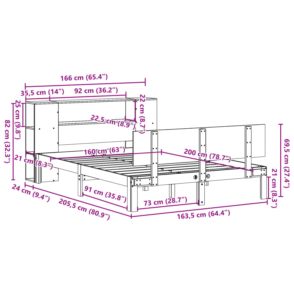 Lit bibliothèque sans matelas blanc 160x200 cm bois pin massif