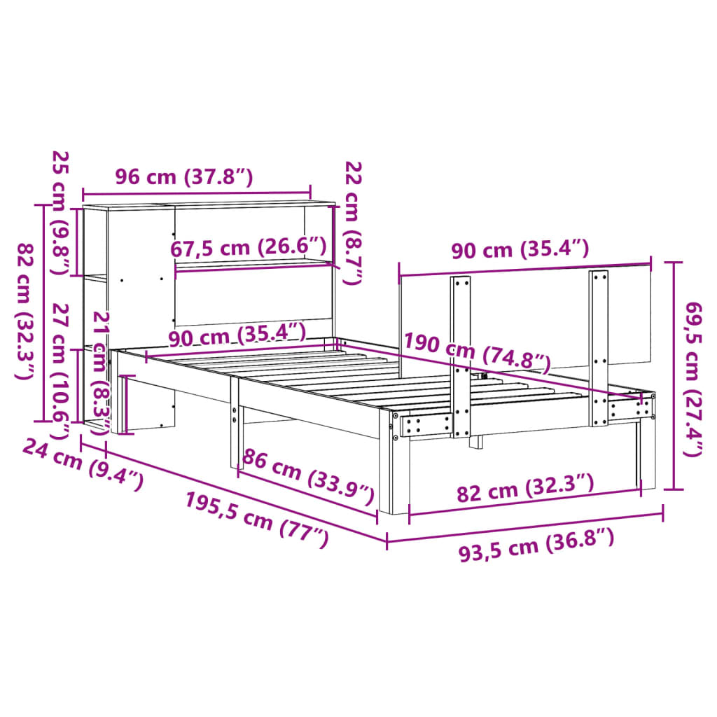 Lit bibliothèque sans matelas 90x190 cm bois de pin massif - XIOS