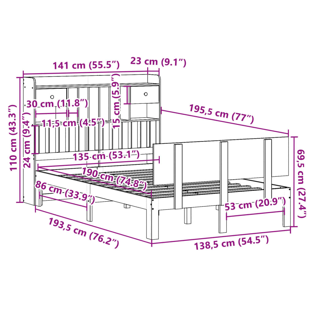 Lit bibliothèque sans matelas blanc 135x190 cm bois pin massif