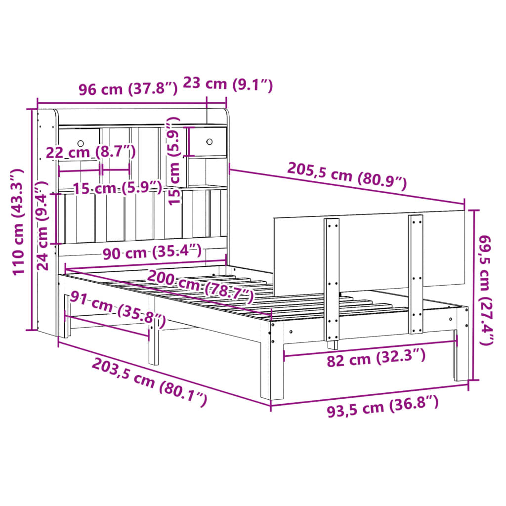 Lit bibliothèque sans matelas blanc 90x200cm bois de pin massif - XIOS