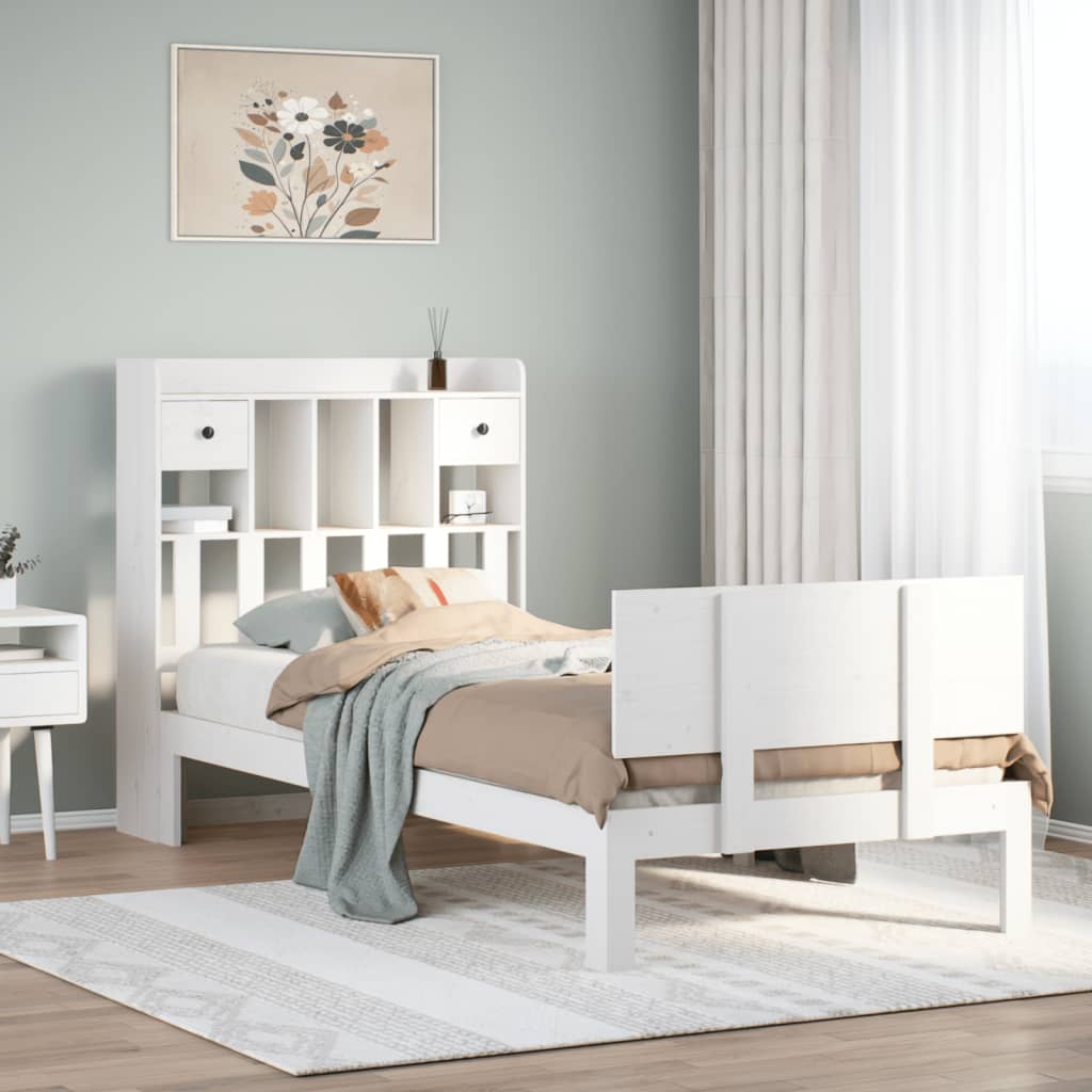 Lit bibliothèque sans matelas blanc 90x200cm bois de pin massif - XIOS