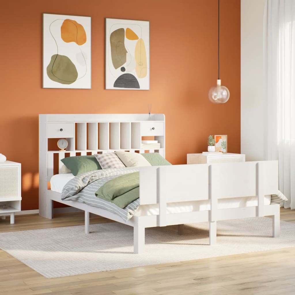 Lit bibliothèque sans matelas blanc 140x200 cm bois pin massif - XIOS