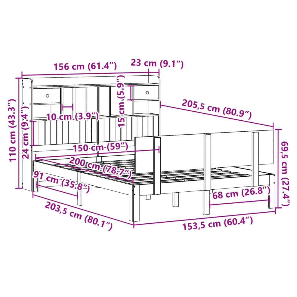 Lit bibliothèque sans matelas blanc 150x200 cm bois pin massif - XIOS