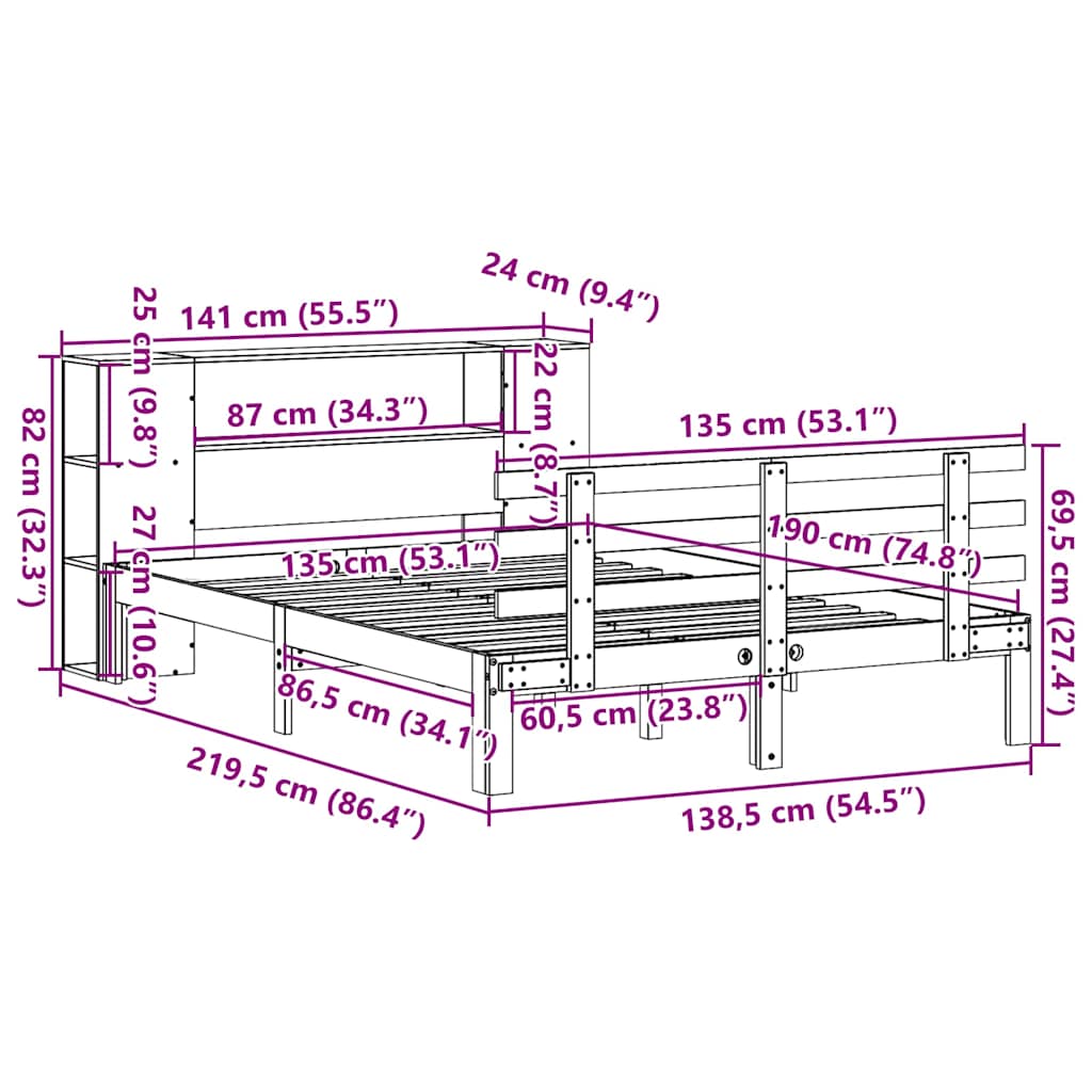 Lit bibliothèque sans matelas blanc 135x190 cm bois pin massif - XIOS