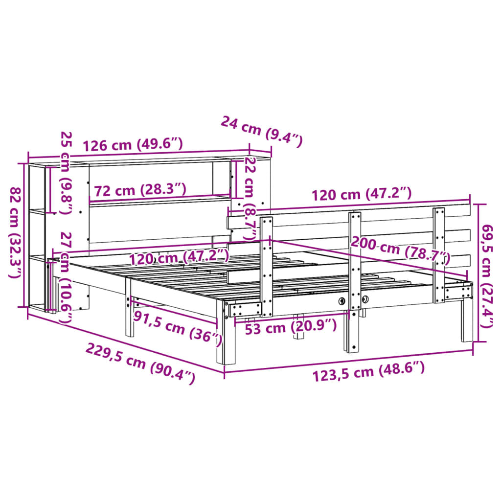 Lit bibliothèque sans matelas blanc 120x200 cm bois pin massif - XIOS
