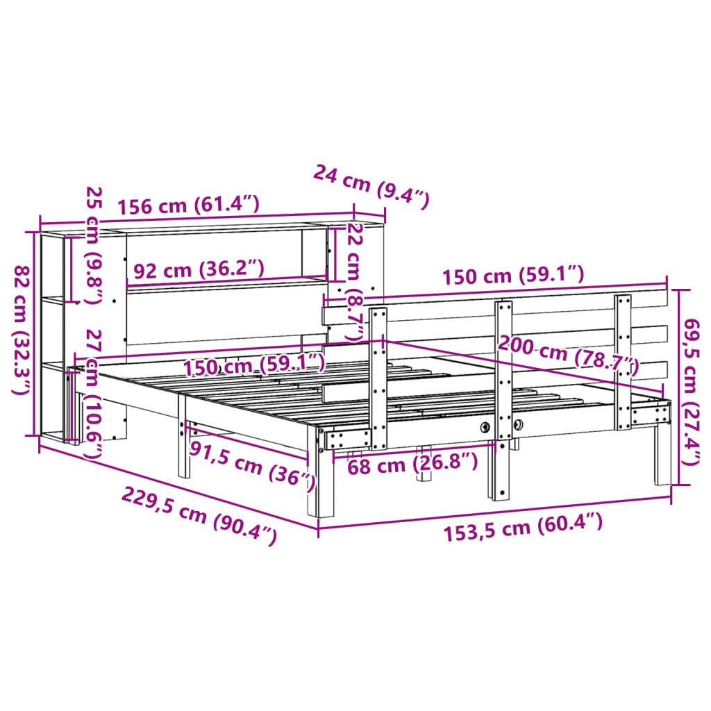 Lit bibliothèque sans matelas blanc 150x200 cm bois pin massif - XIOS