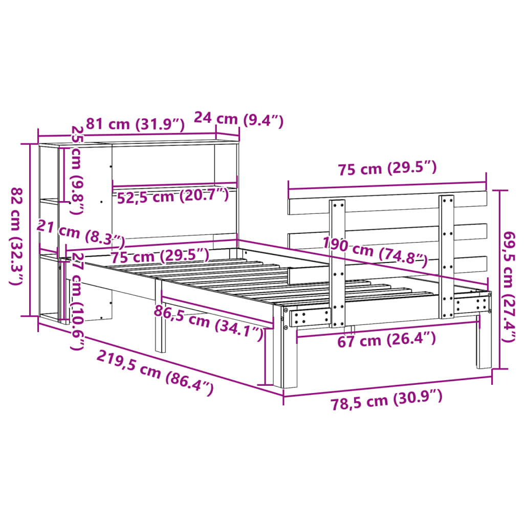 Lit bibliothèque sans matelas 75x190 cm bois de pin massif - XIOS
