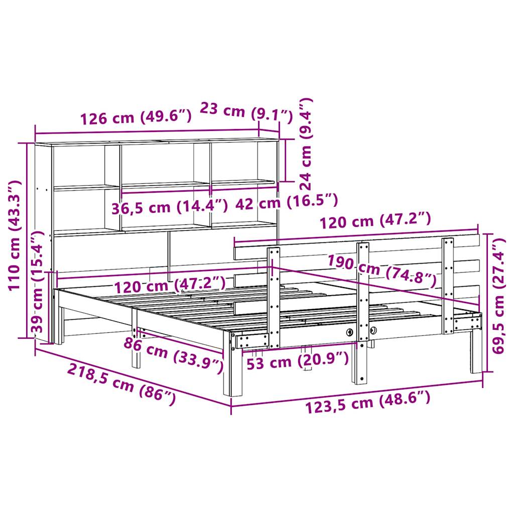 Lit bibliothèque sans matelas 120x190 cm bois de pin massif - XIOS