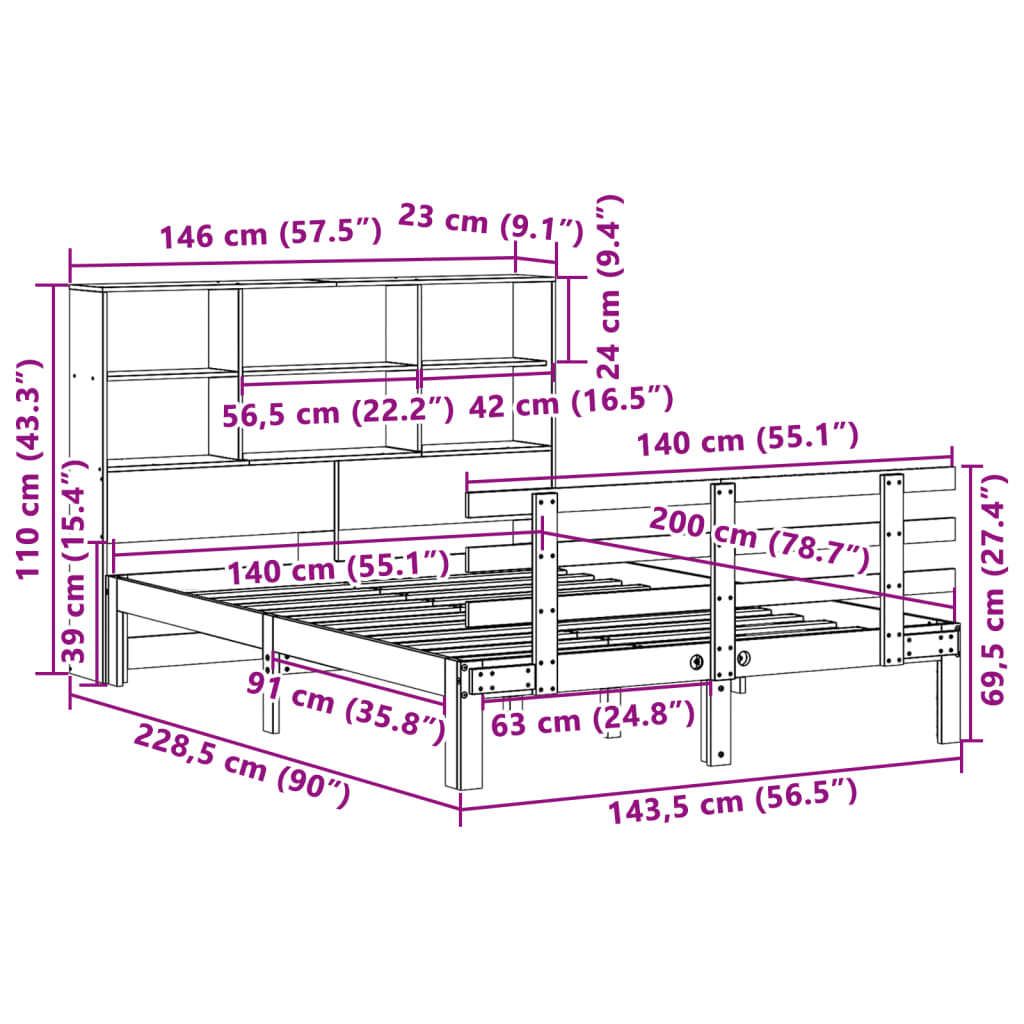 Lit bibliothèque sans matelas blanc 140x200 cm bois pin massif - XIOS