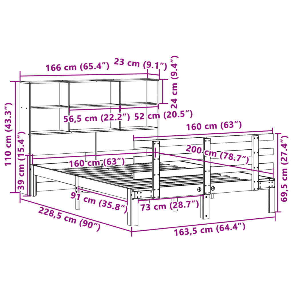 Lit bibliothèque sans matelas blanc 160x200 cm bois pin massif - XIOS
