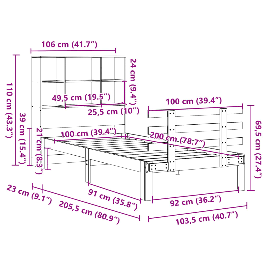 Lit bibliothèque sans matelas cire marron 100x200 cm pin massif - XIOS