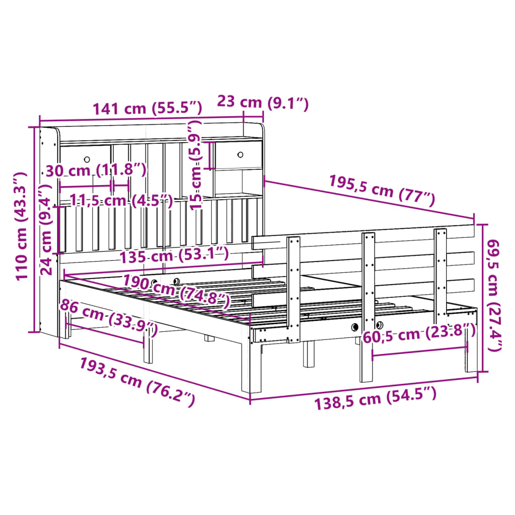 Lit bibliothèque sans matelas 135x190 cm bois de pin massif - XIOS