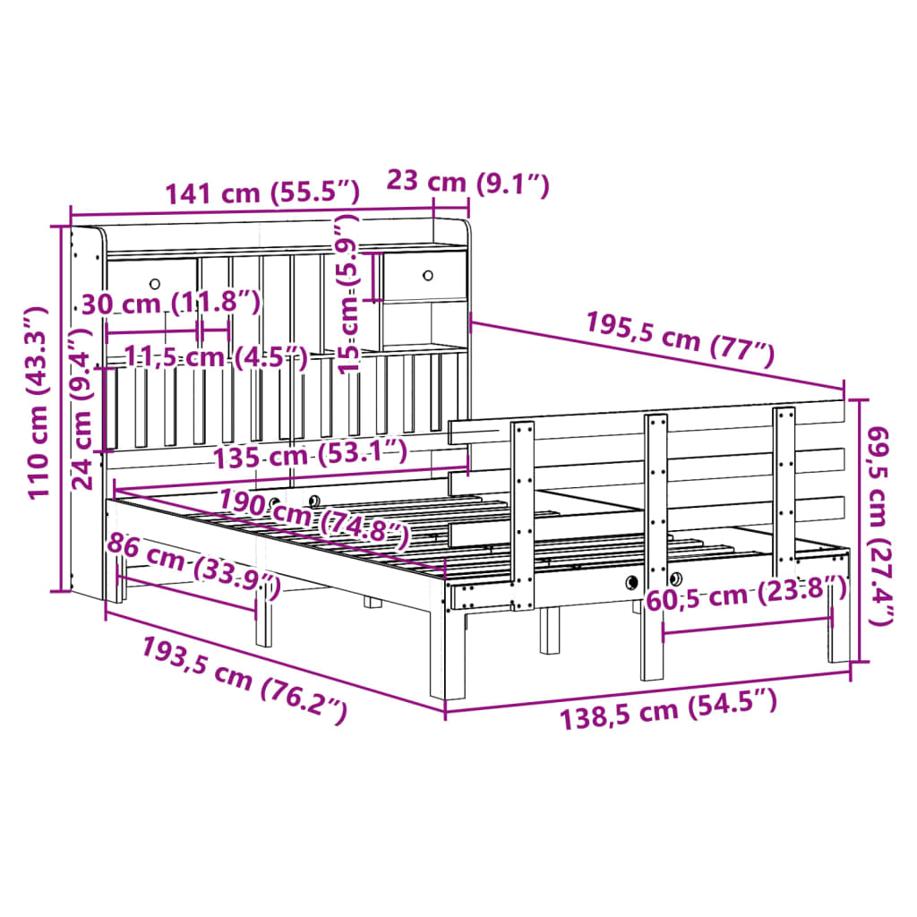 Lit bibliothèque sans matelas blanc 135x190 cm bois pin massif - XIOS