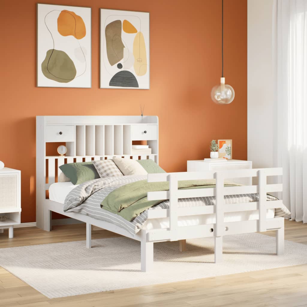 Lit bibliothèque sans matelas blanc 135x190 cm bois pin massif - XIOS