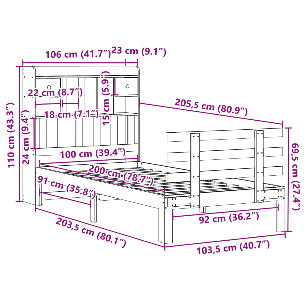 Lit bibliothèque sans matelas 100x200 cm bois massif de pin - XIOS