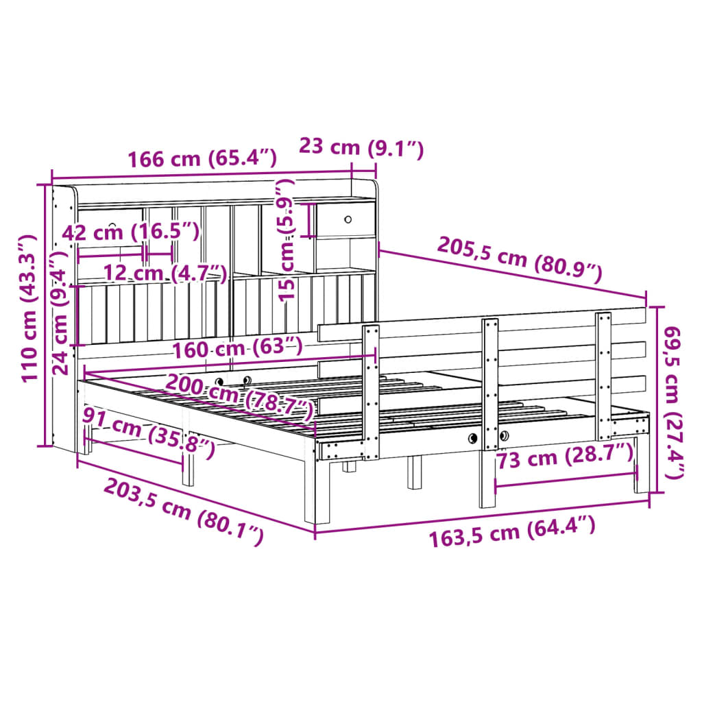 Lit bibliothèque sans matelas blanc 160x200 cm bois pin massif - XIOS