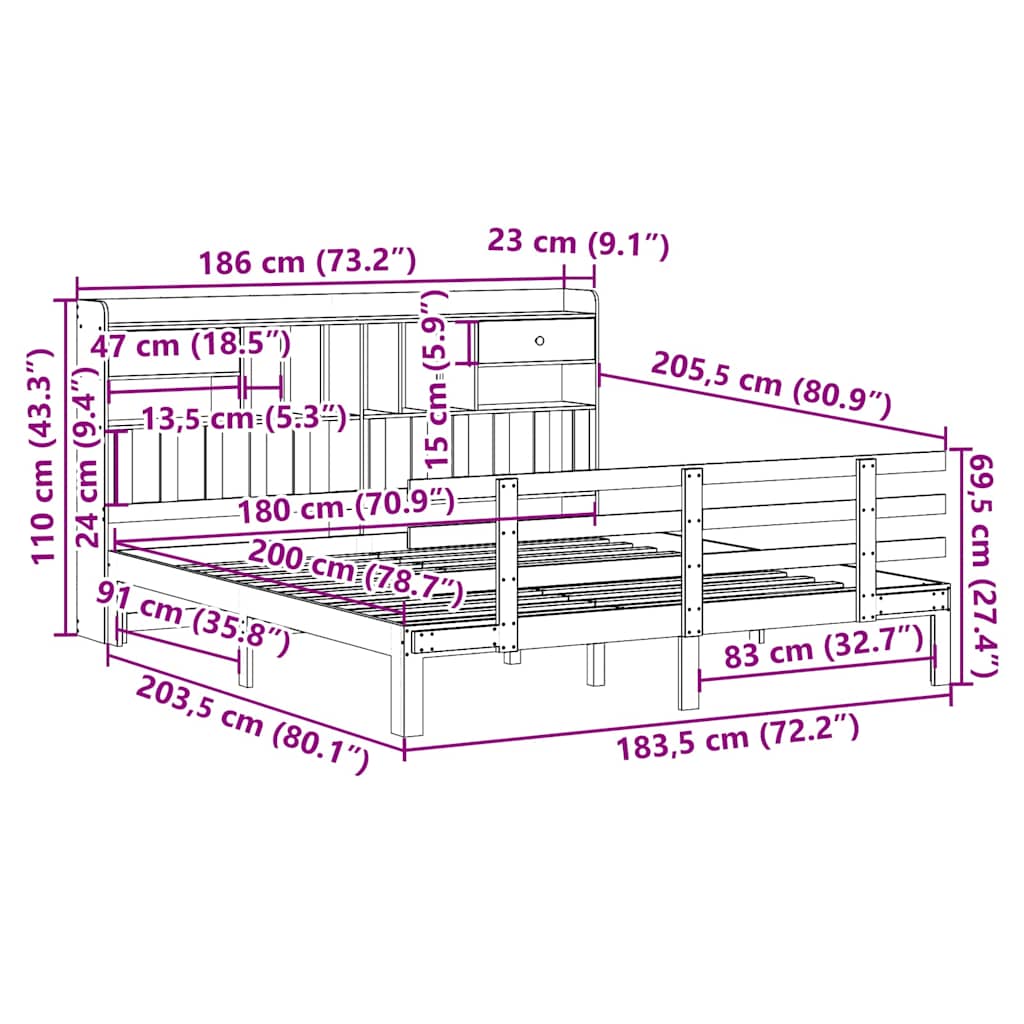Lit bibliothèque sans matelas 180x200 cm bois massif de pin - XIOS
