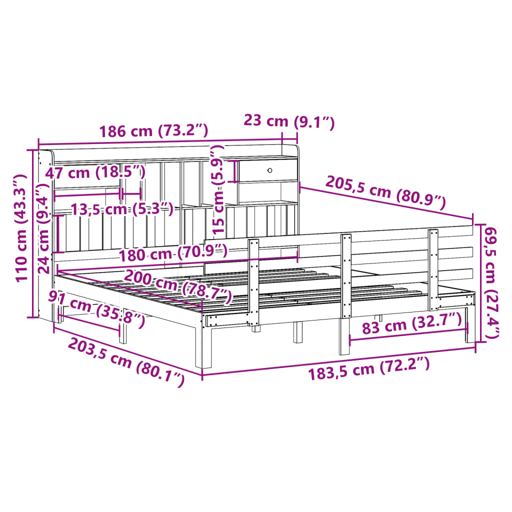 Lit bibliothèque sans matelas blanc 180x200 cm bois pin massif - XIOS