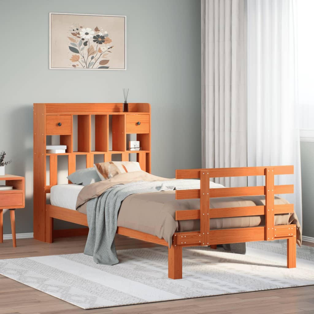 Lit bibliothèque sans matelas cire marron 100x200 cm pin massif - XIOS