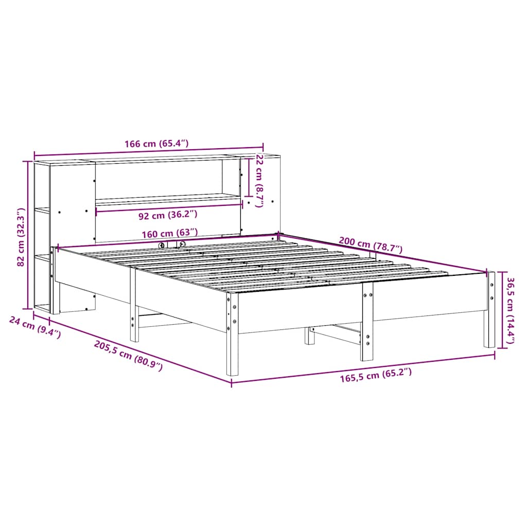 Lit bibliothèque sans matelas blanc 160x200 cm bois pin massif - XIOS