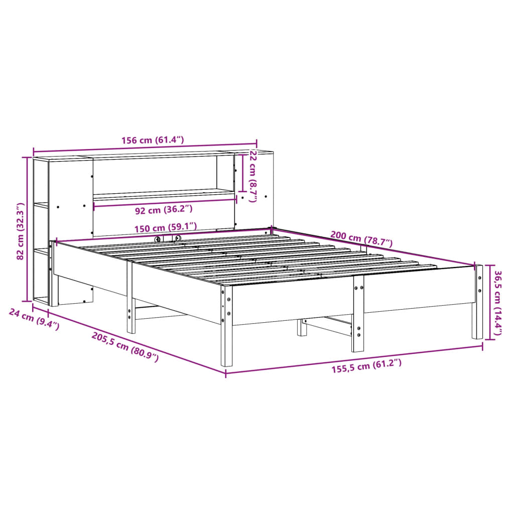 Lit bibliothèque sans matelas blanc 150x200 cm bois pin massif - XIOS