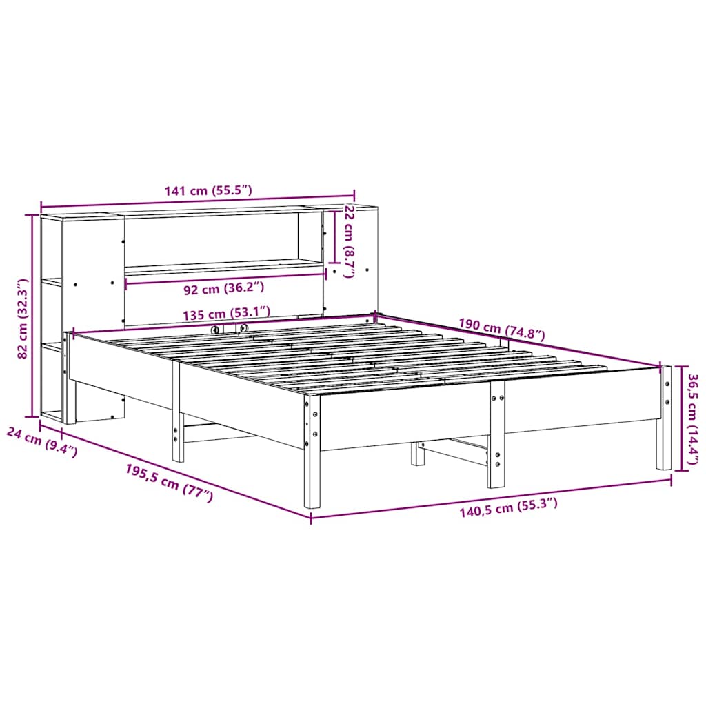 Lit bibliothèque sans matelas cire marron 135x190 cm pin massif - XIOS