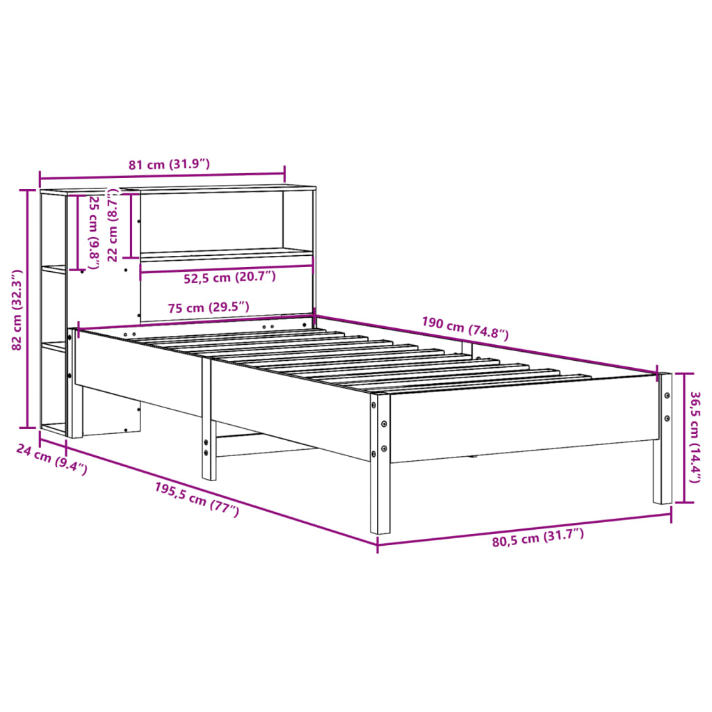 Lit bibliothèque sans matelas 75x190 cm bois de pin massif - XIOS