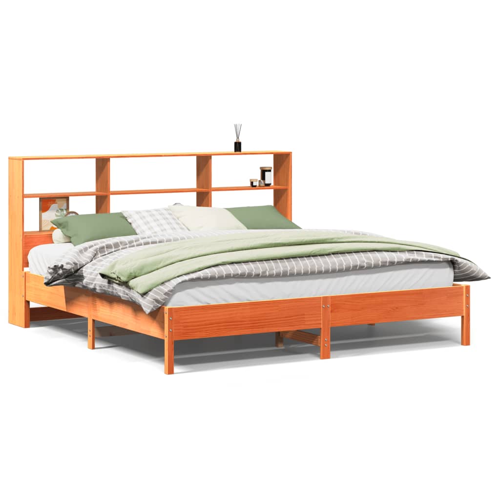 Lit bibliothèque sans matelas cire marron 200x200 cm pin massif - XIOS