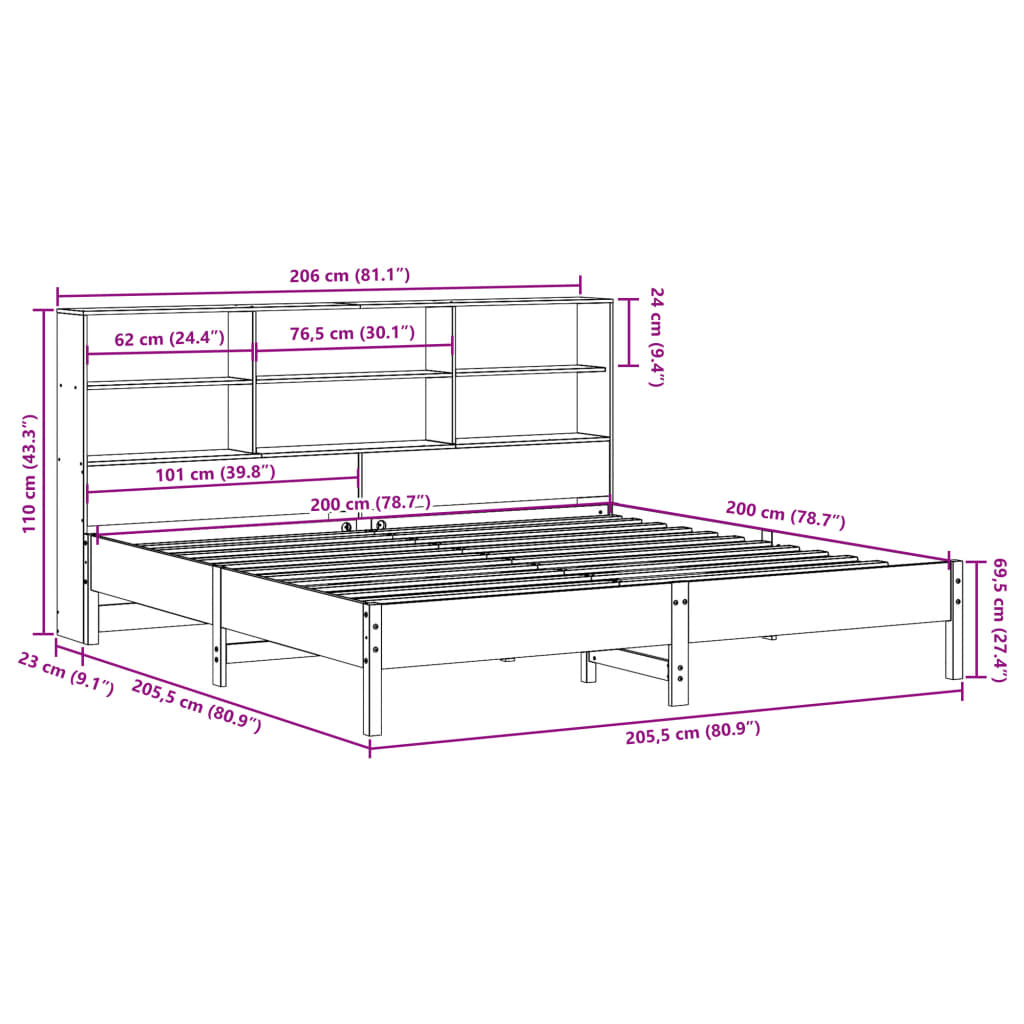 Lit bibliothèque sans matelas cire marron 200x200 cm pin massif - XIOS