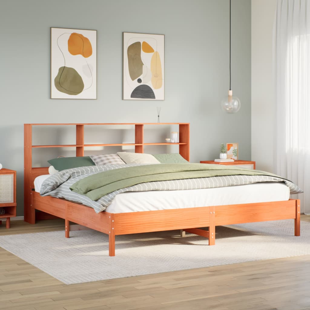 Lit bibliothèque sans matelas cire marron 200x200 cm pin massif - XIOS