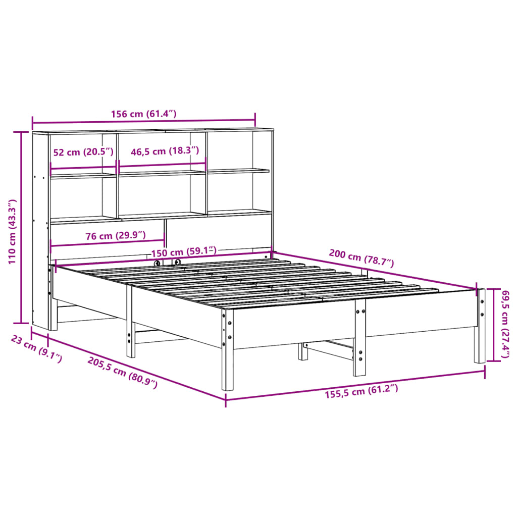 Lit bibliothèque sans matelas cire marron 150x200 cm pin massif - XIOS