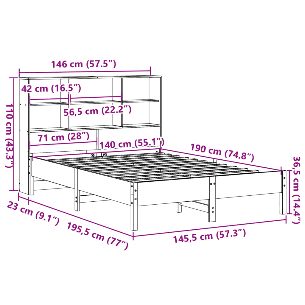 Lit bibliothèque sans matelas cire marron 140x190 cm pin massif - XIOS