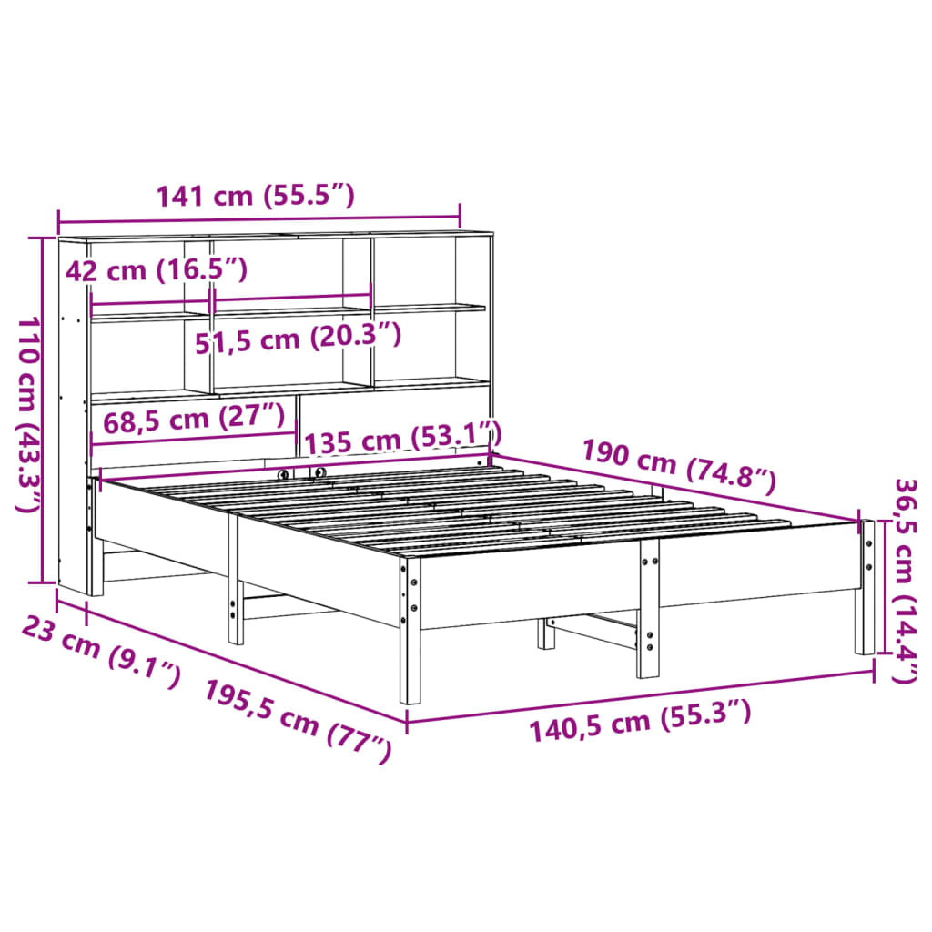 Lit bibliothèque sans matelas cire marron 135x190 cm pin massif - XIOS