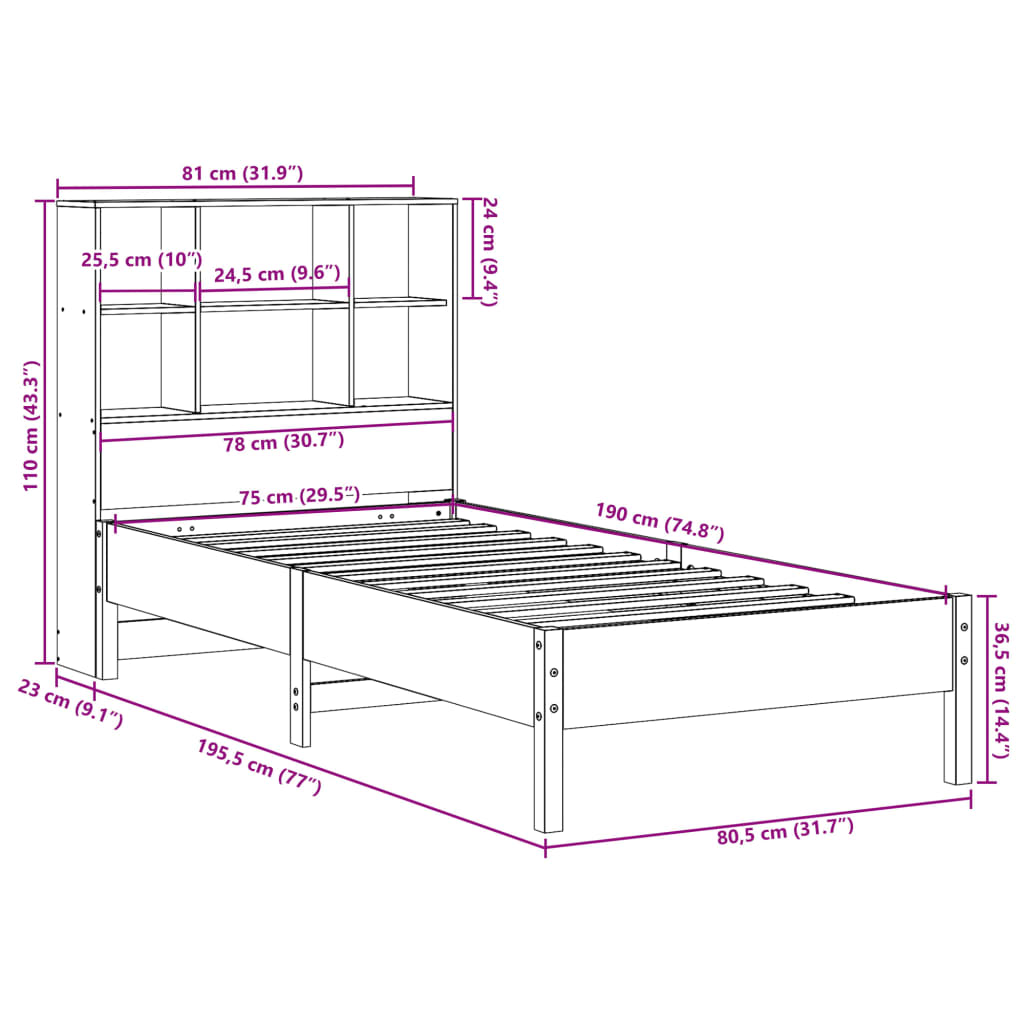 Lit bibliothèque sans matelas cire marron 75x190 cm pin massif - XIOS