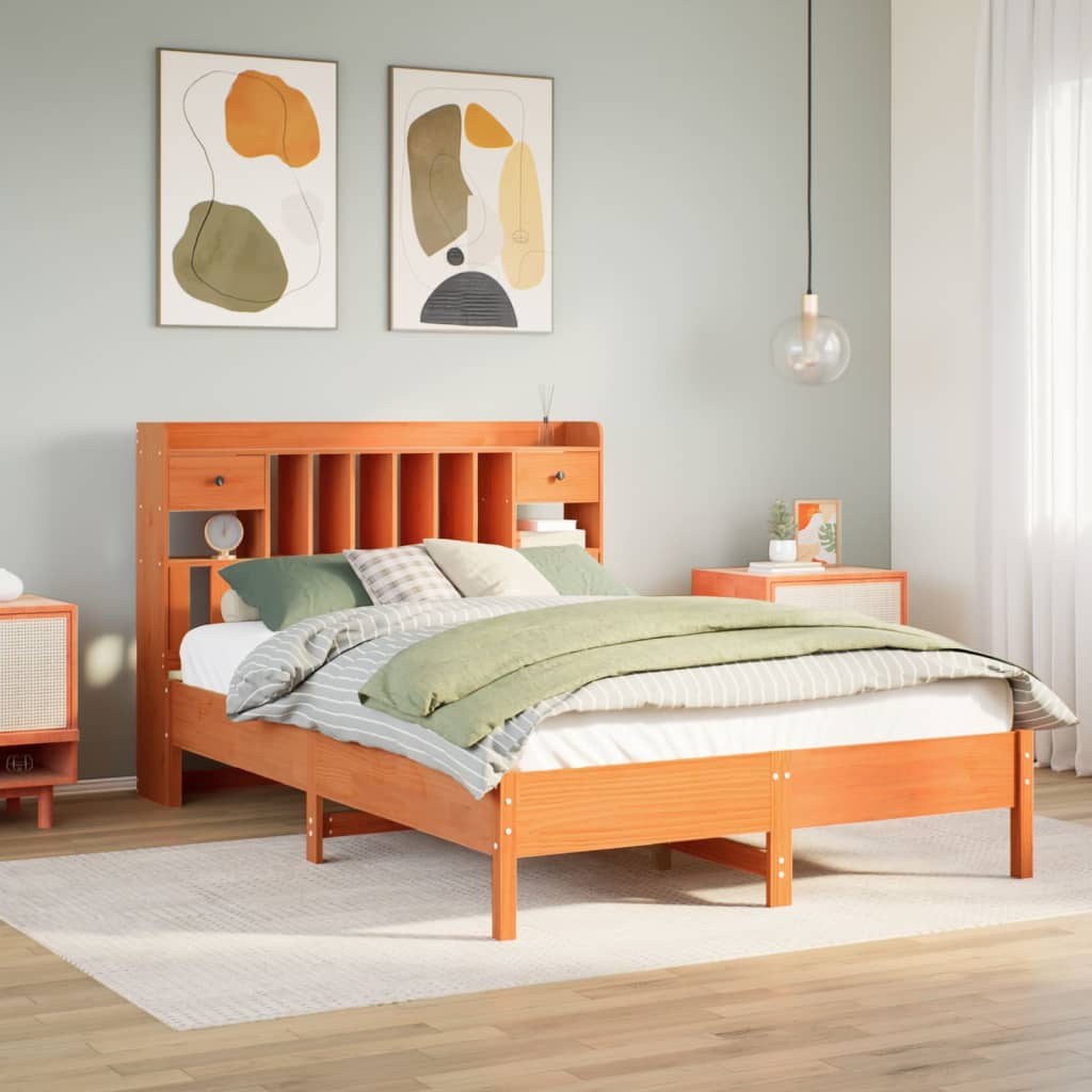 Lit bibliothèque sans matelas cire marron 160x200 cm pin massif - XIOS