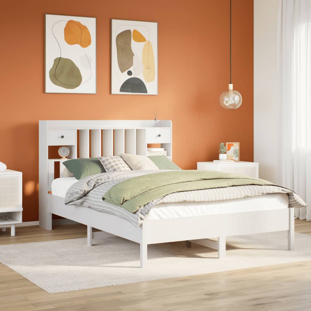 Lit bibliothèque sans matelas blanc 140x190 cm bois pin massif - XIOS