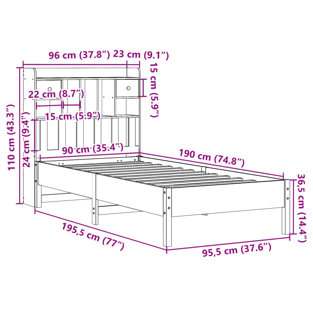 Lit bibliothèque sans matelas blanc 90x190cm bois de pin massif - XIOS