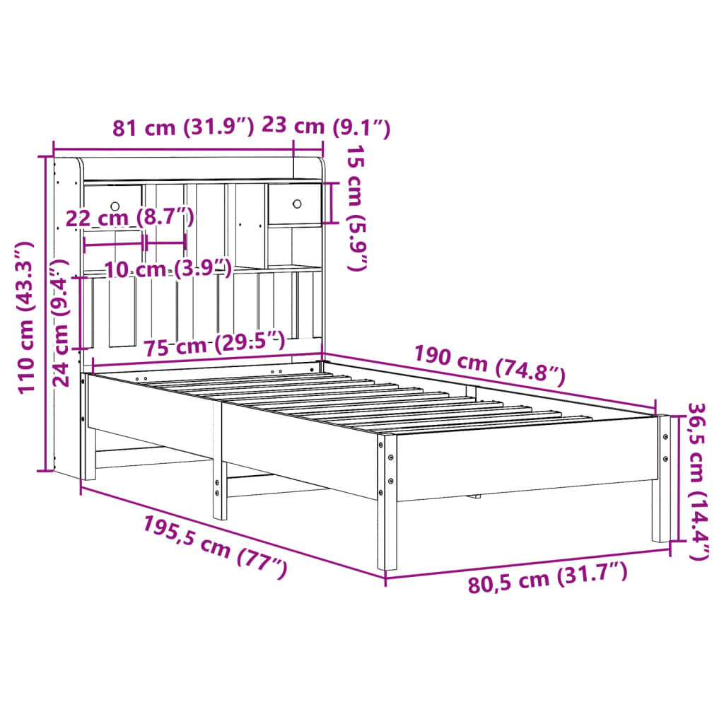Lit bibliothèque sans matelas 75x190 cm bois de pin massif - XIOS