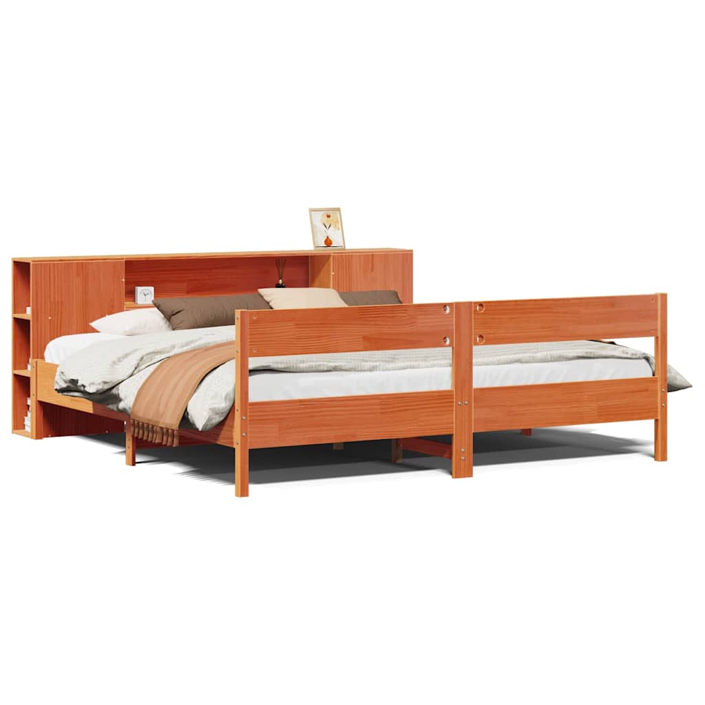 Lit bibliothèque sans matelas cire marron 200x200 cm pin massif