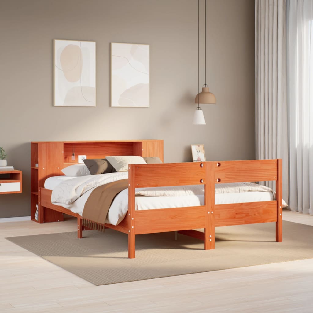 Lit bibliothèque sans matelas cire marron 150x200 cm pin massif - XIOS