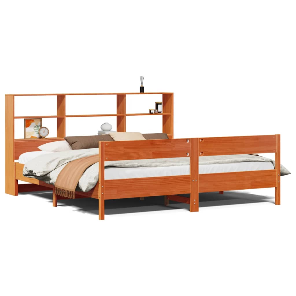 Lit bibliothèque sans matelas cire marron 200x200 cm pin massif - XIOS
