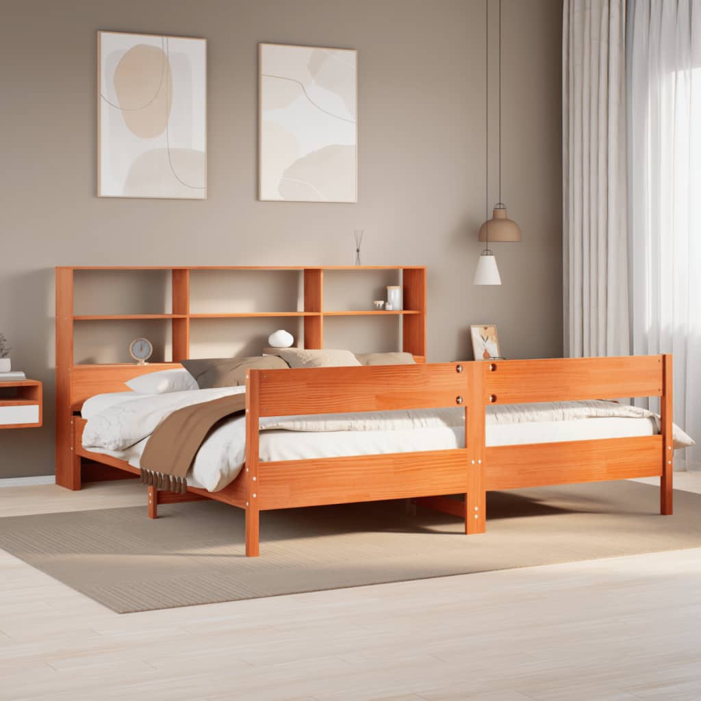 Lit bibliothèque sans matelas cire marron 200x200 cm pin massif - XIOS