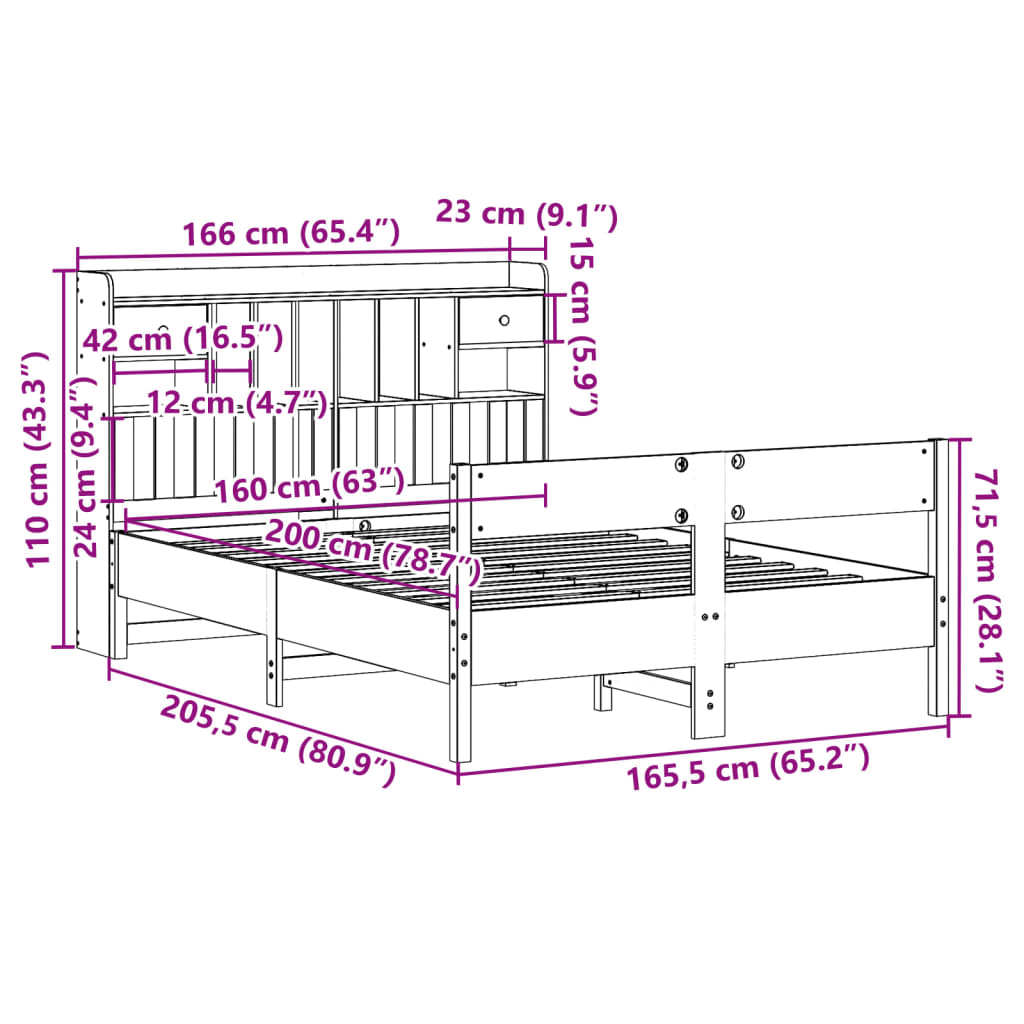 Lit bibliothèque sans matelas blanc 160x200 cm bois pin massif - XIOS