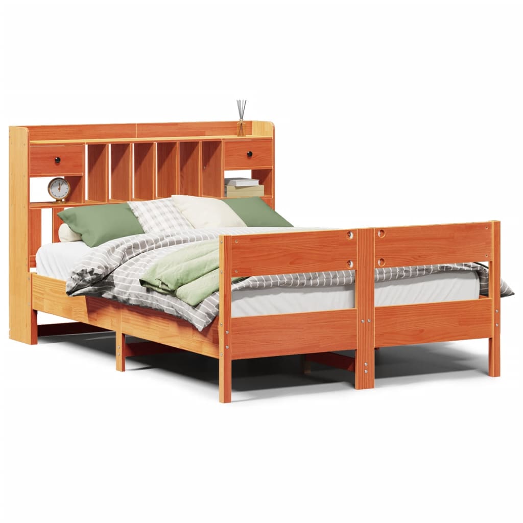 Lit bibliothèque sans matelas cire marron 160x200 cm pin massif - XIOS