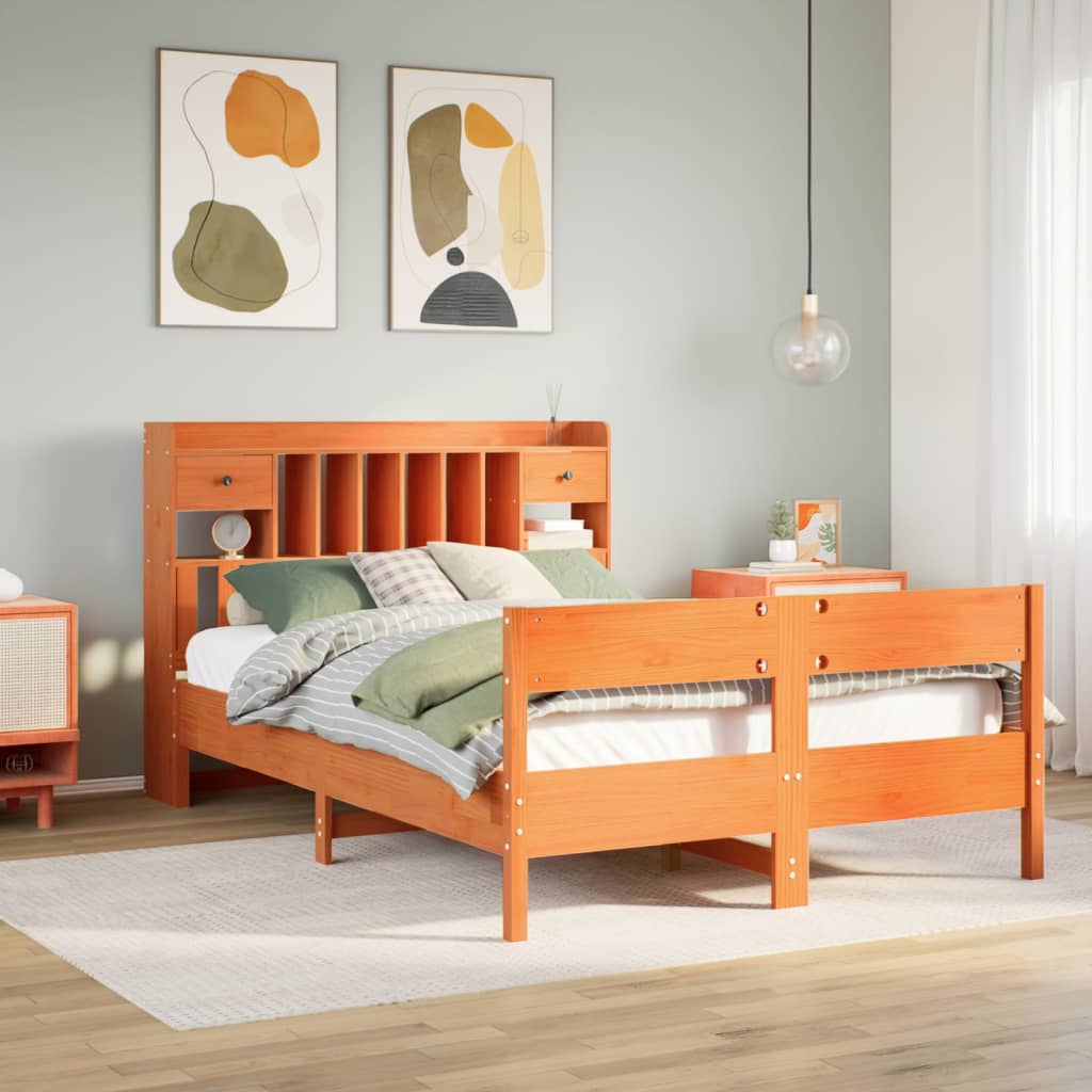 Lit bibliothèque sans matelas cire marron 160x200 cm pin massif - XIOS