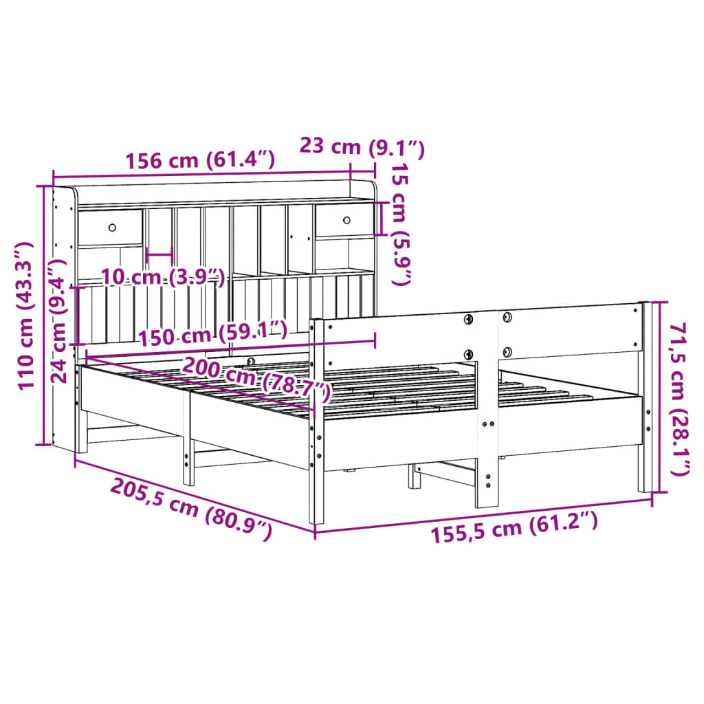 Lit bibliothèque sans matelas cire marron 150x200 cm pin massif - XIOS